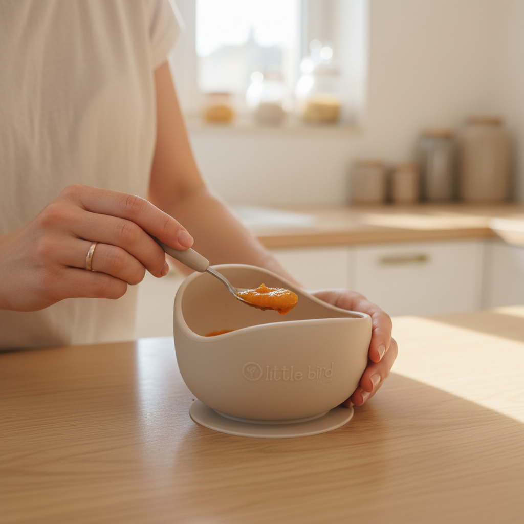 Mamma che prepara pappa nella ciotola beige