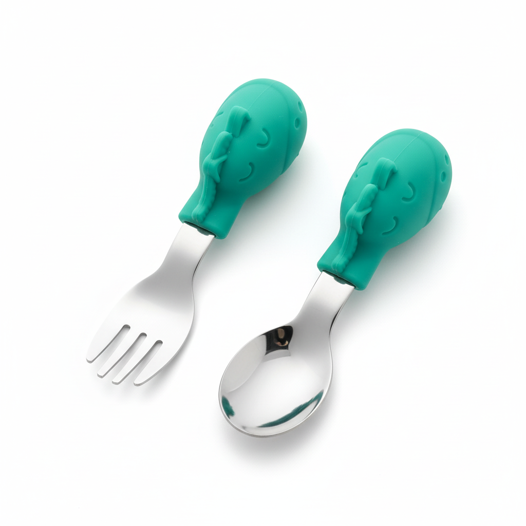 Set posate giraffa verdi per bambini su sfondo bianco