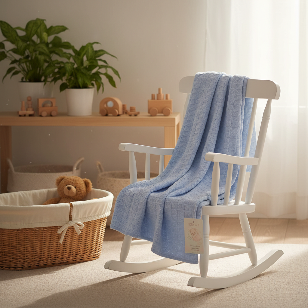Copertina quadretti celeste sulla sedia a dondolo - Little Bird