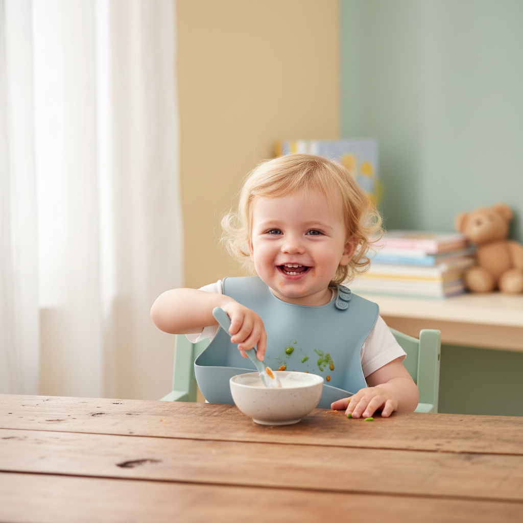 Bambino che indossa bavetta celeste - foto lifestyle