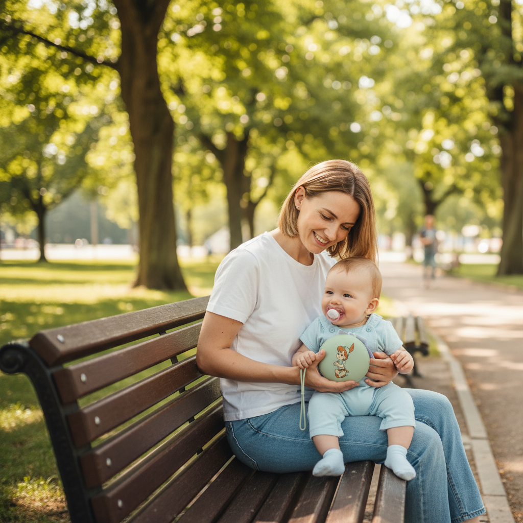 Portaciuccio Peter Pan verde - mamma seduta su panchina al parco