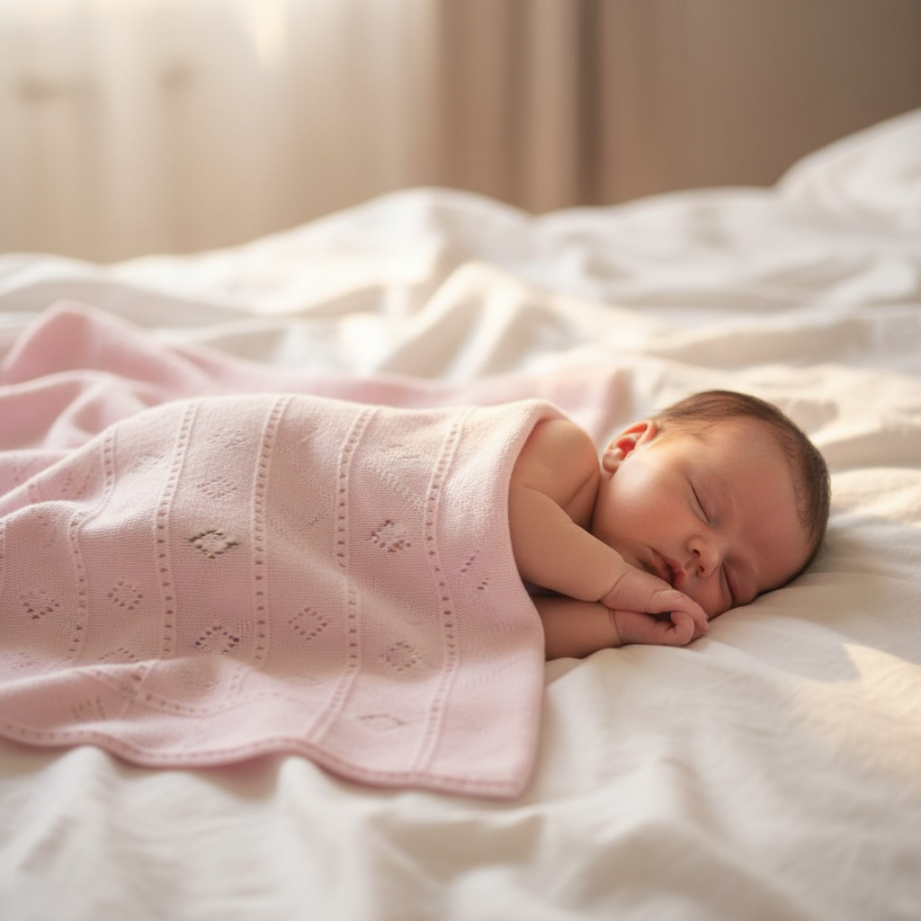 Neonata sul letto con copertina triangoli traforati rosa - Little Bird
