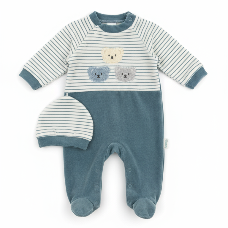 Tutina Neonato con Piedini Blu Petrolio a Righe - Tre Orsetti