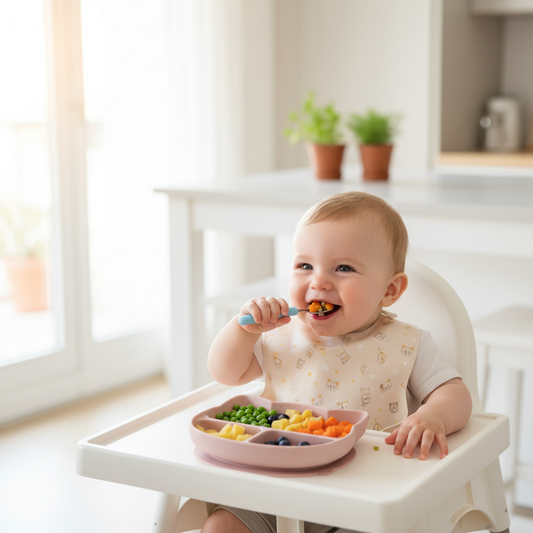 Bambino che mangia dal piatto gattino rosa pink