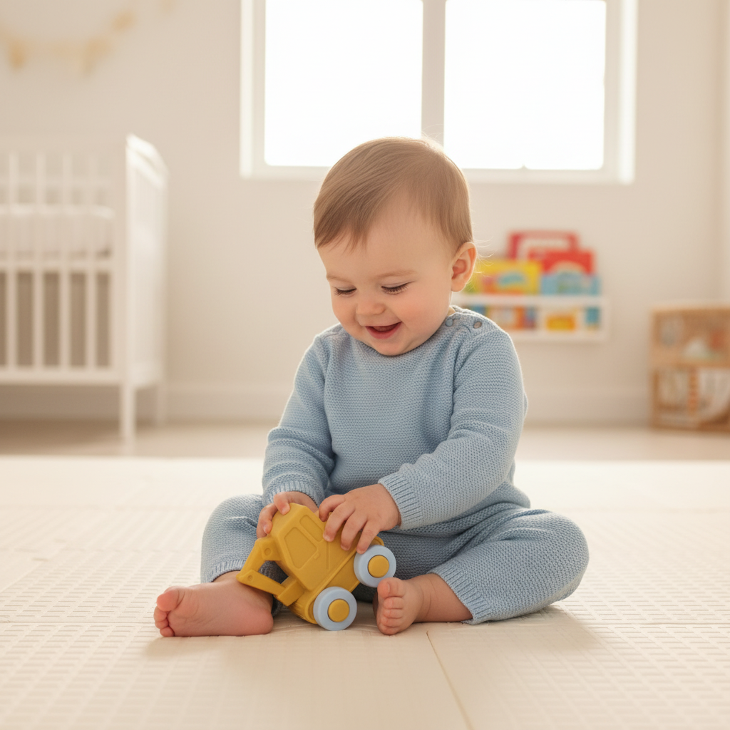 Bambino che gioca con gru in silicone