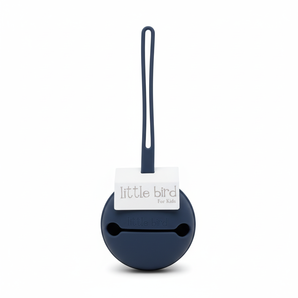 Portaciuccio in silicone blu navy su sfondo bianco