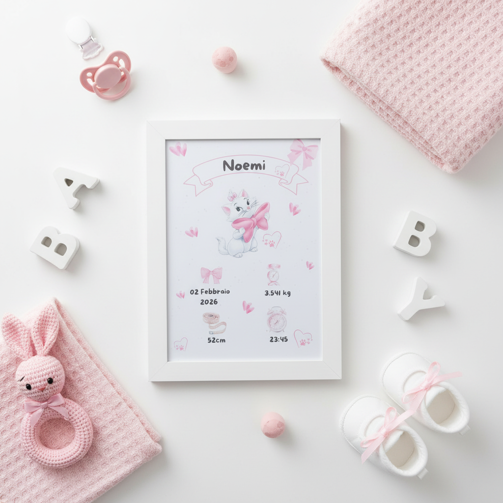 Quadretto Nascita Minù - flat lay accessori rosa