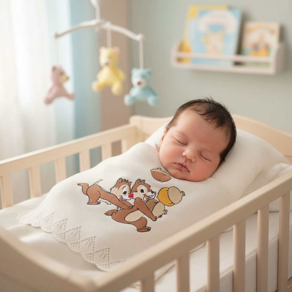 Neonato avvolto nella copertina in filo Cip e Ciop