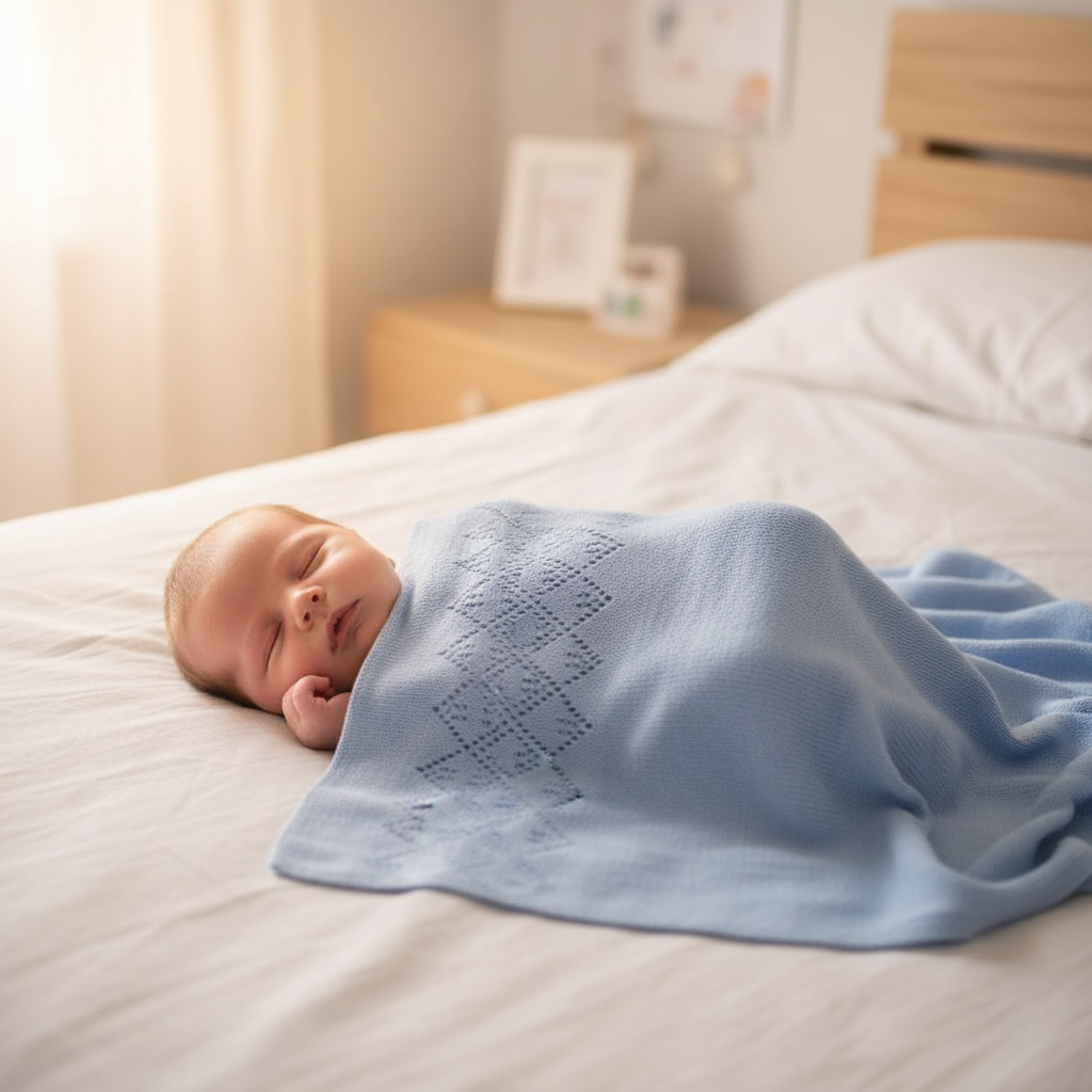 Neonato sul letto con copertina traforata geometrica celeste - Little Bird