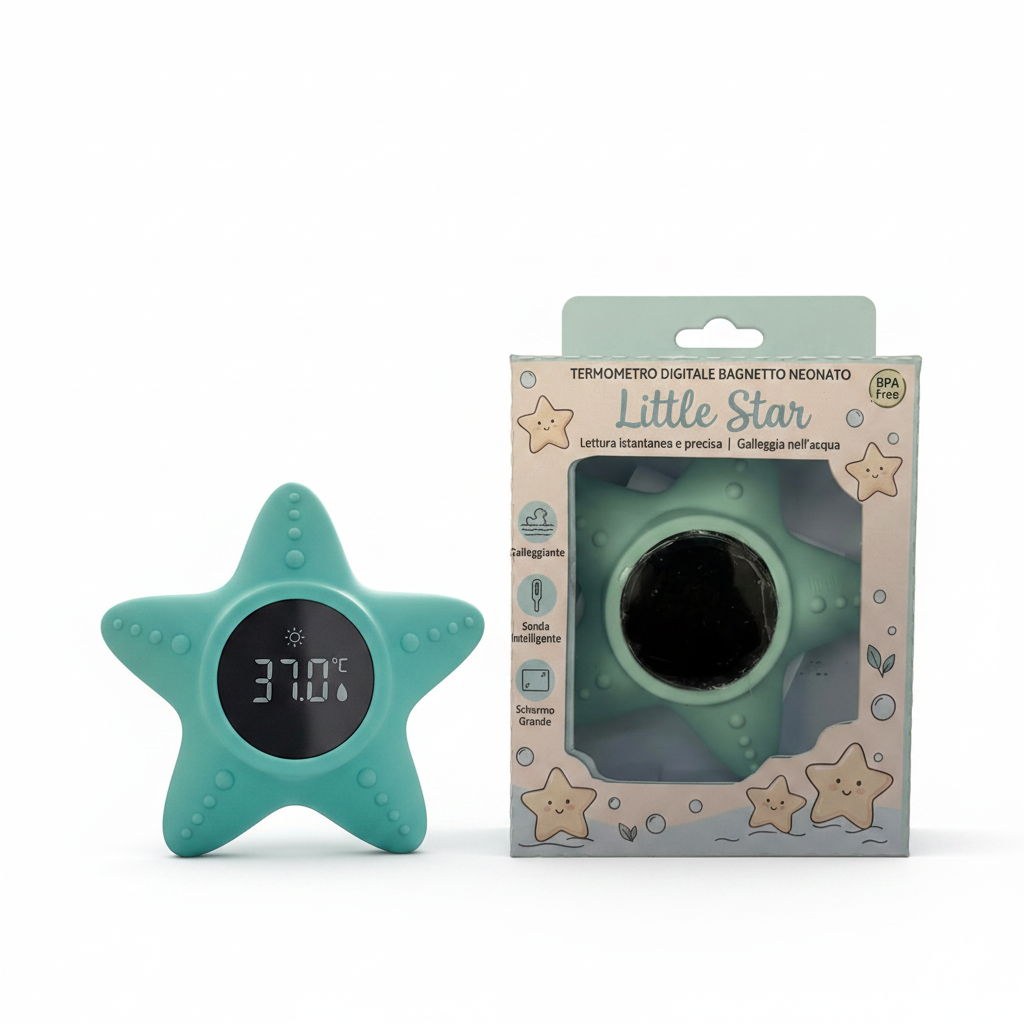 Termometro Little Star Verde con packaging sfondo bianco