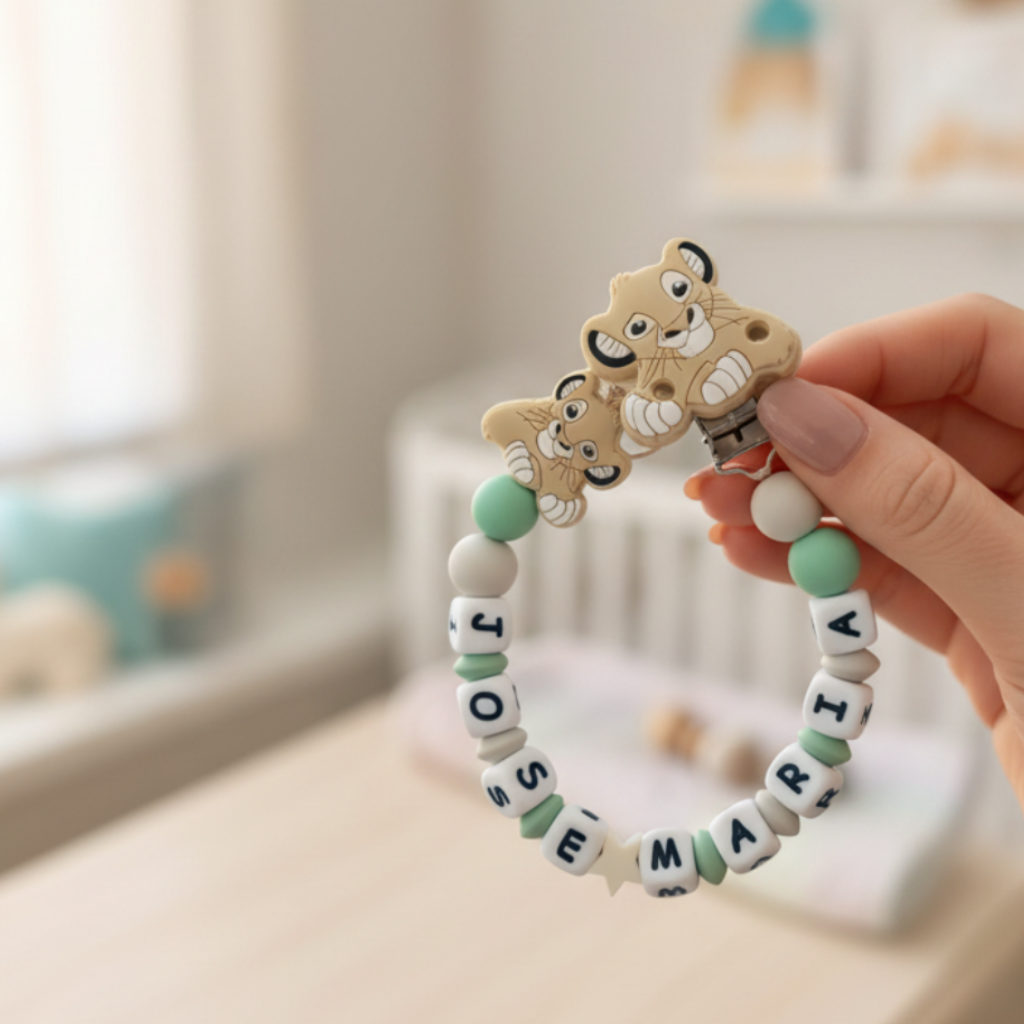 Portaciuccio Simba lifestyle 2 - mano con asola, sfondo nursery