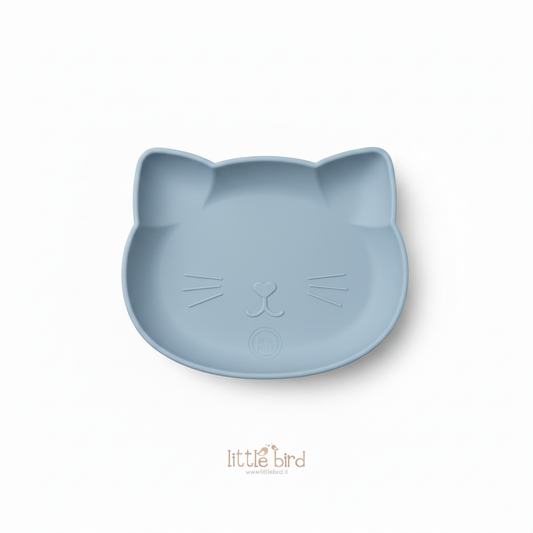 Piatto silicone gattino dusty blue sfondo bianco