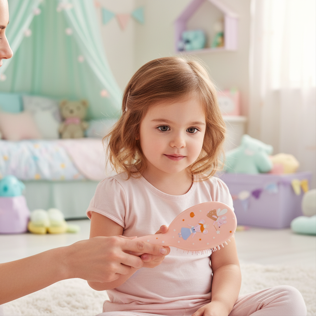 Spazzola Capelli Mouse Fairies Tutete lifestyle - bambina che si spazzola i capelli o mamma che spazzola i capelli della figlia con spazzola rosa cipria topolina Cenerentola