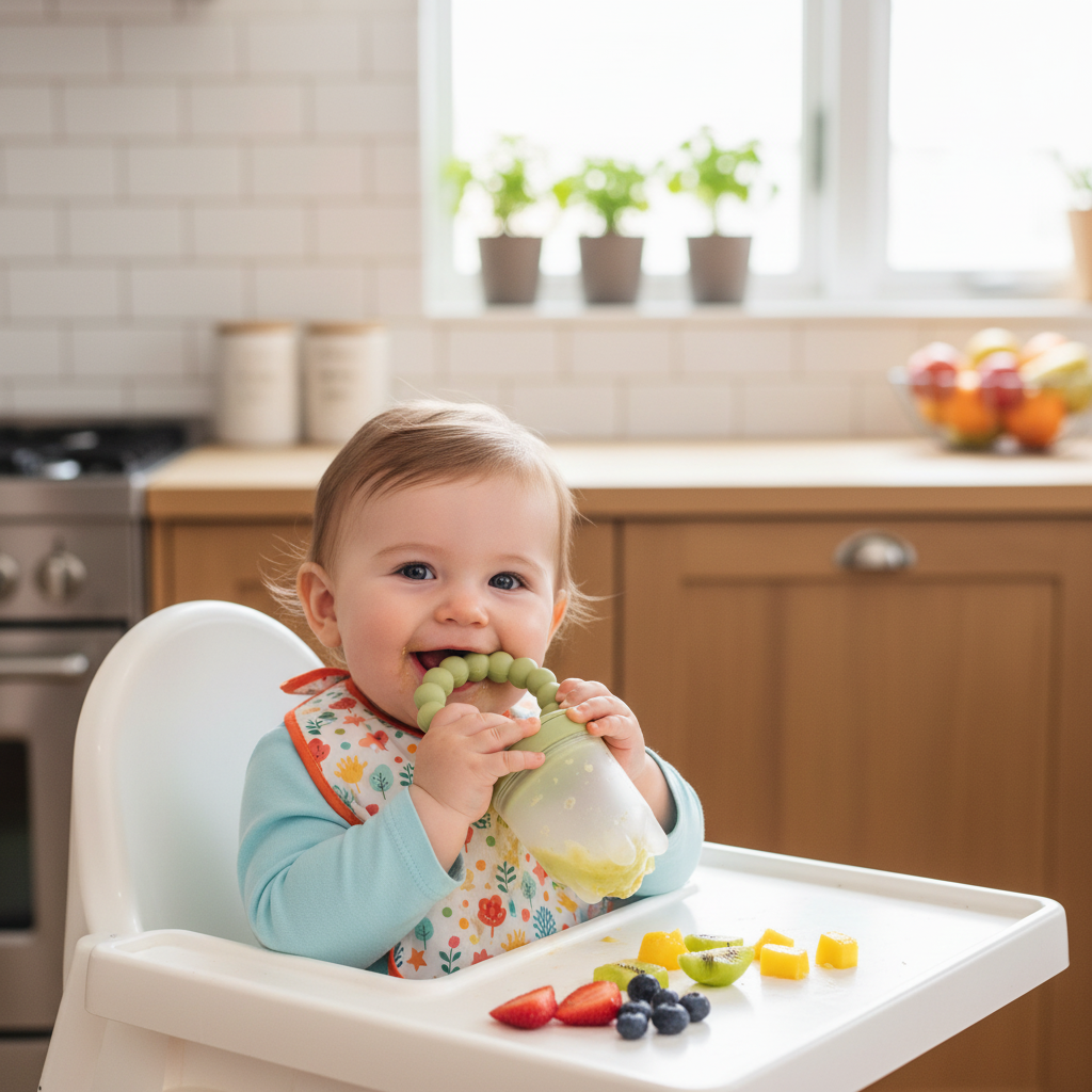 Bambino nel seggiolone con ciuccio frutta verde