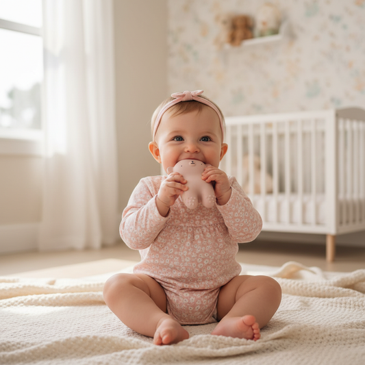 Bambina che tiene il dentarello orsetto rosa