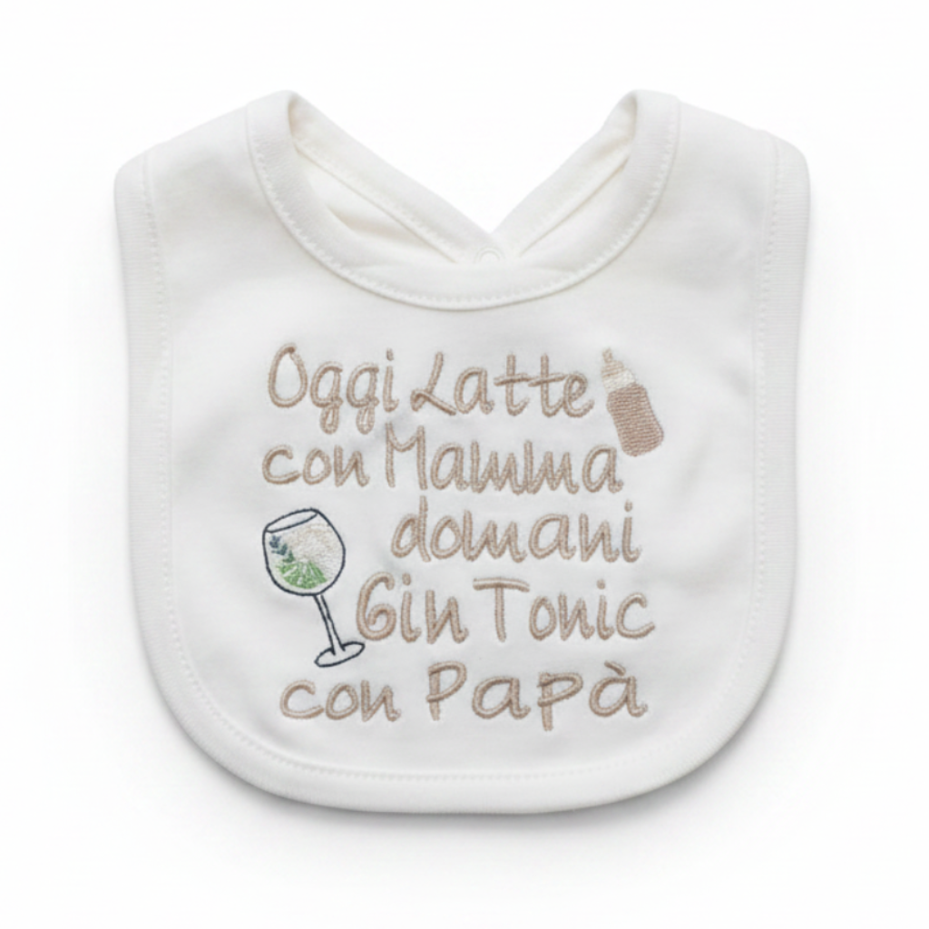 Bavetta ricamata sfondo bianco professionale - Oggi Latte con Mamma Domani Gin Tonic con Papà