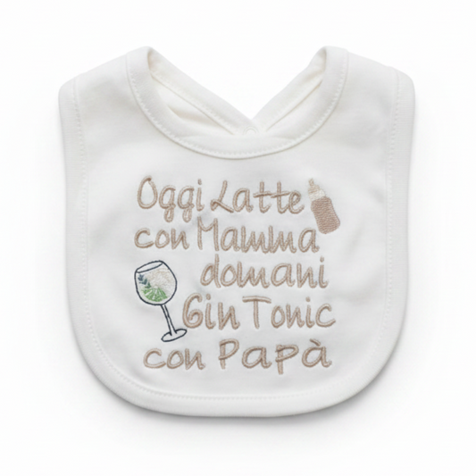 Bavetta ricamata sfondo bianco professionale - Oggi Latte con Mamma Domani Gin Tonic con Papà