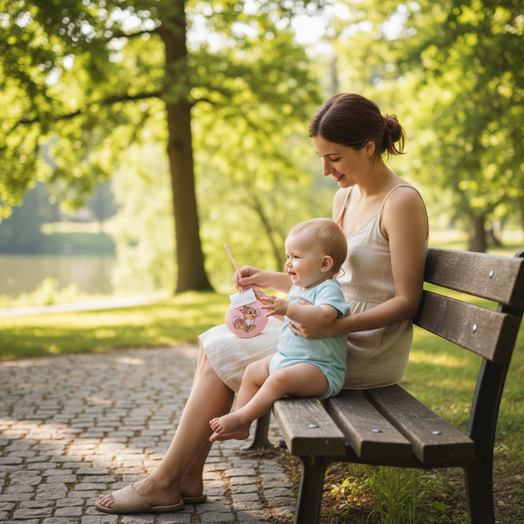 Portaciuccio Tamburino rosa - mamma su panchina al parco