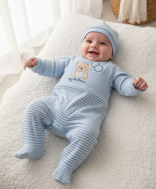 Tutina Neonato con Piedini Azzurra - Orsetto My Balloons + Cappelino