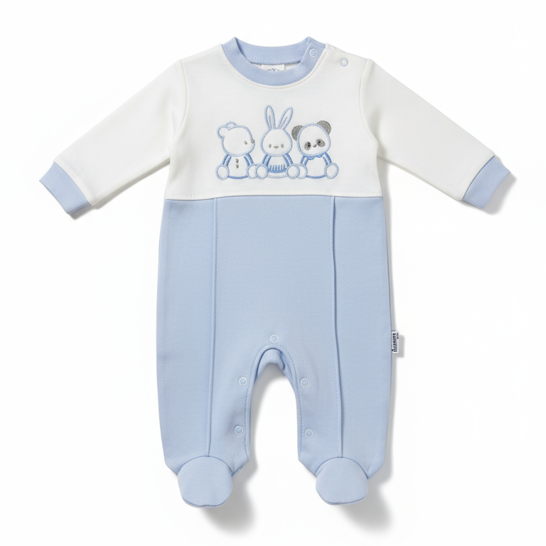 Tutina Neonato con Piedini Azzurra - Orsetto Coniglietto e Panda - Cappellino