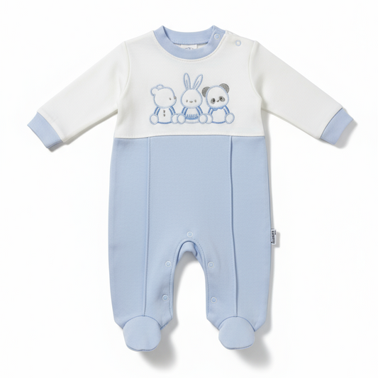 Tutina Neonato con Piedini Azzurra - Orsetto Coniglietto e Panda - Cappellino