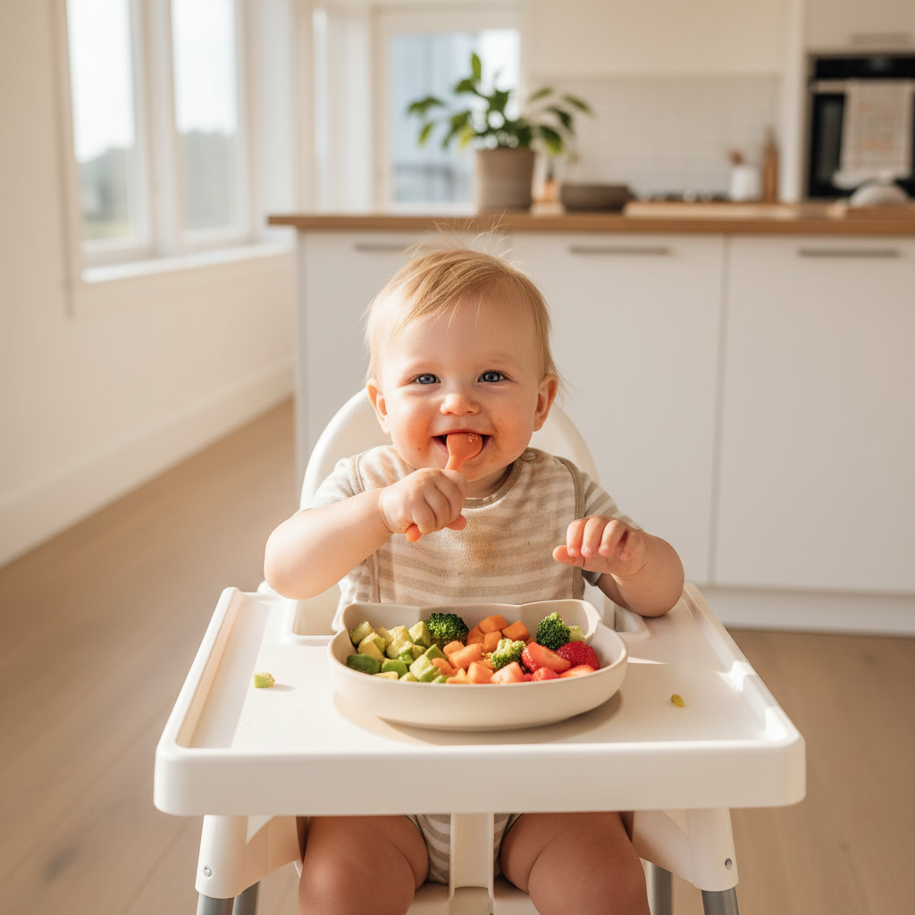 Bambino che mangia dal piatto gattino beige