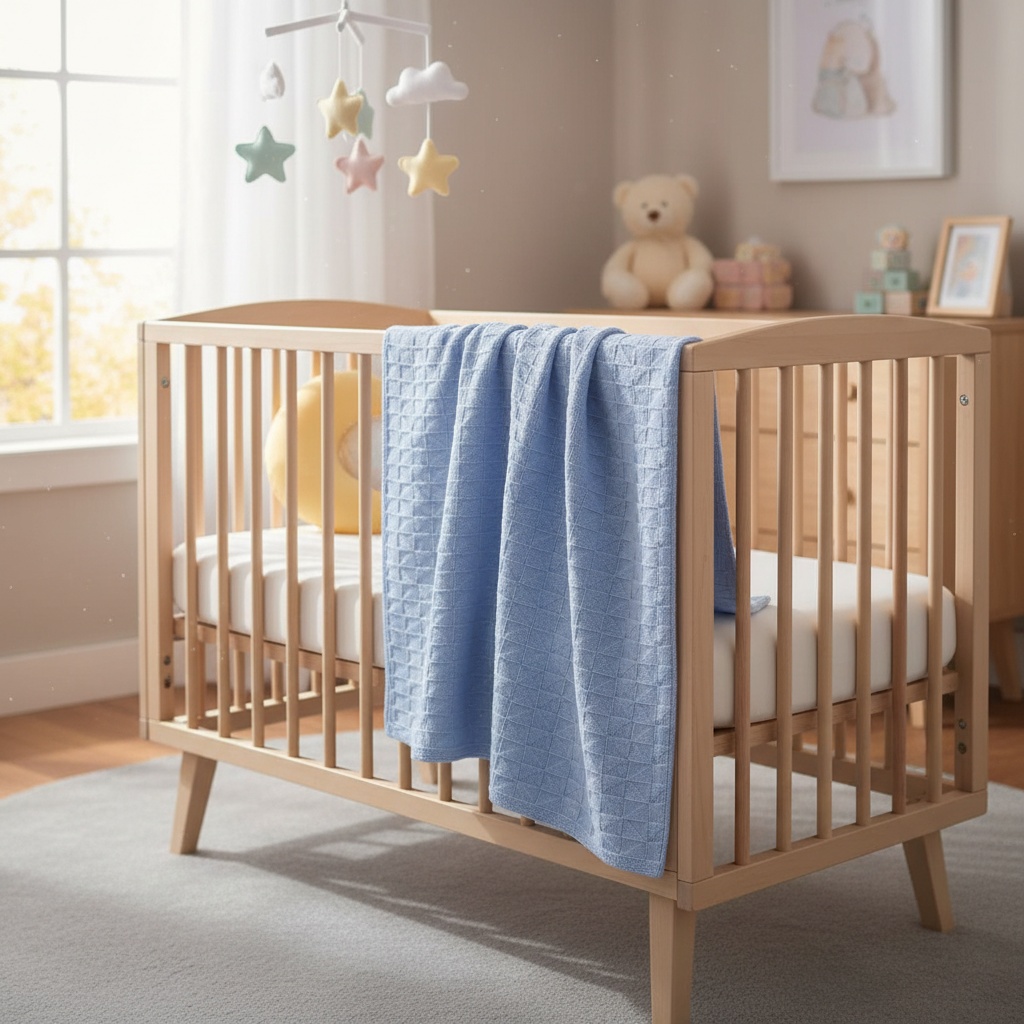 Copertina quadretti celeste sulla culla - Little Bird