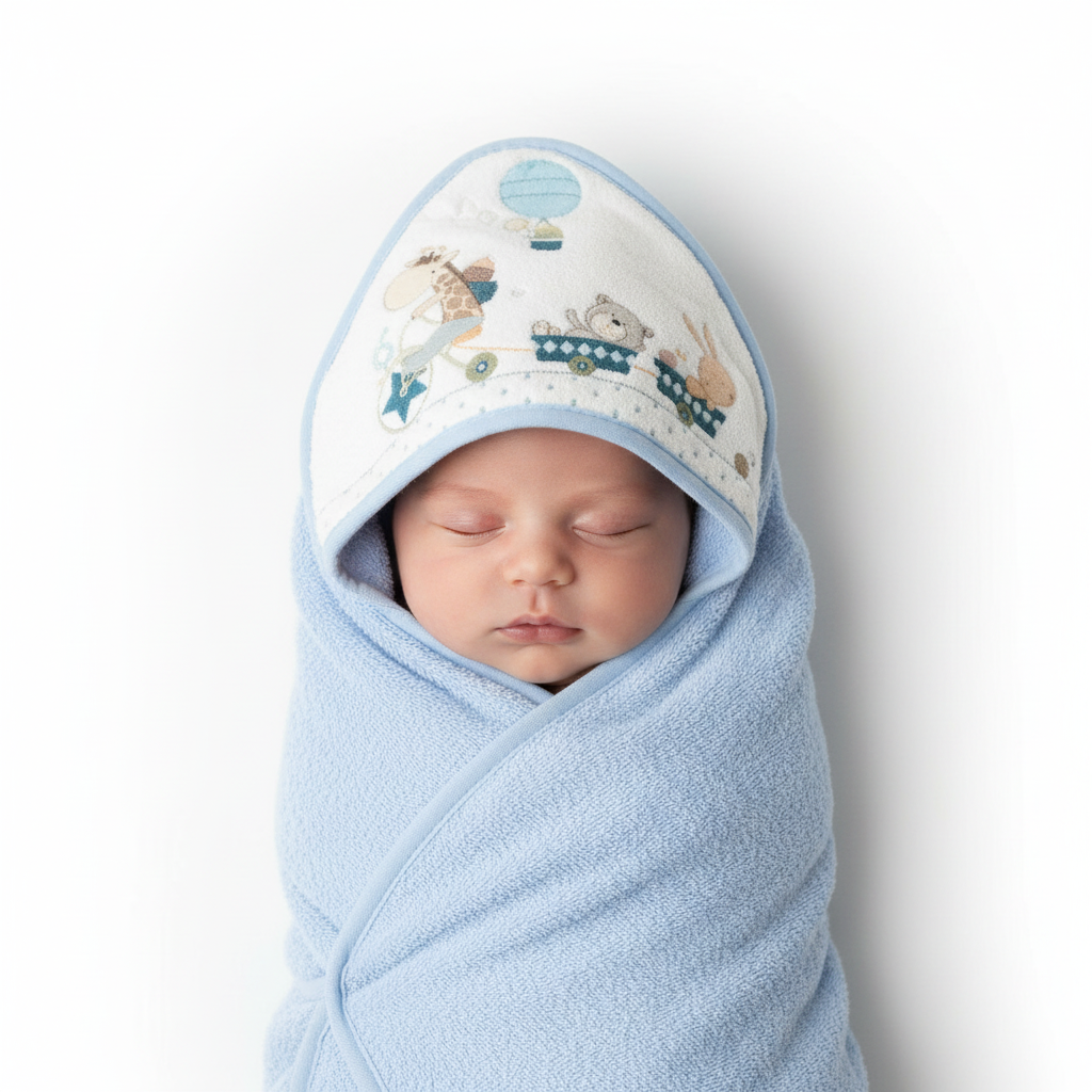 Neonato avvolto nell'accappatoio azzurro