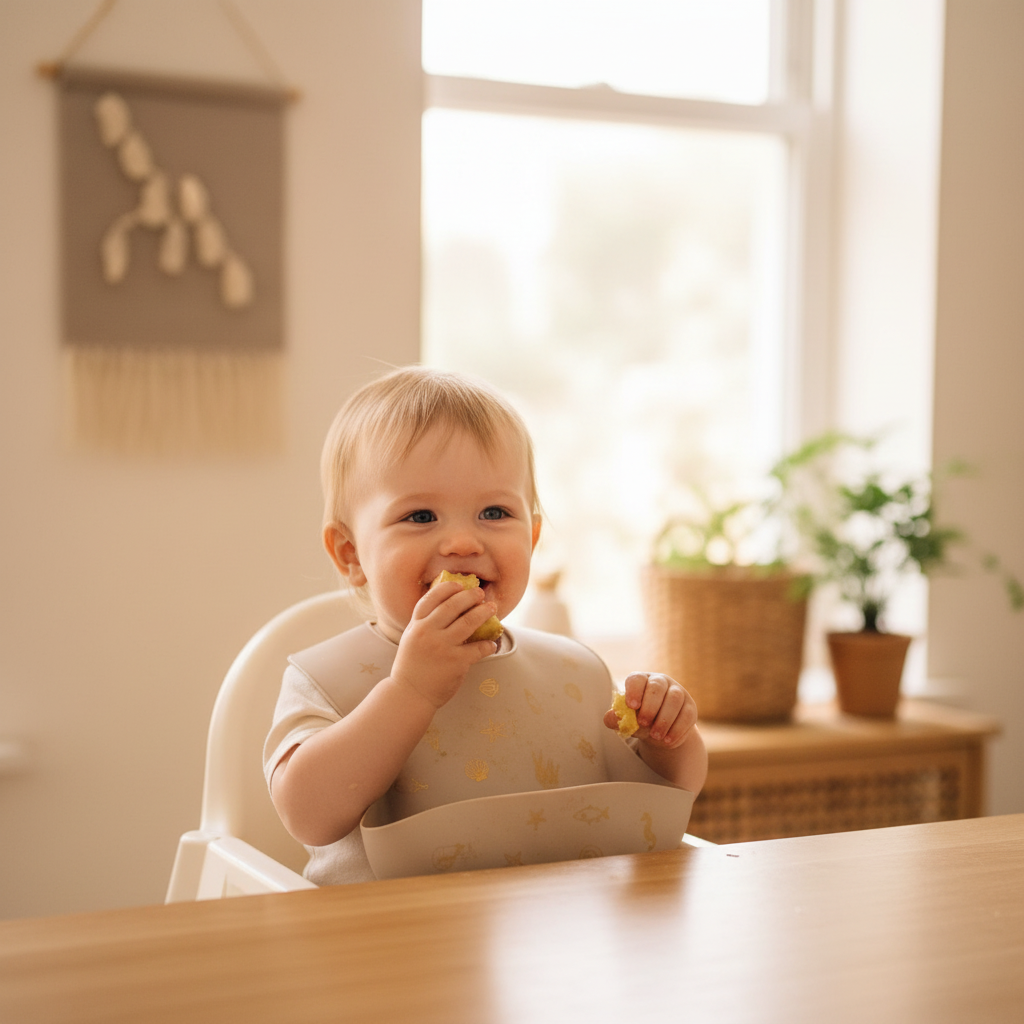Bambino che indossa bavetta beige oro mare - foto lifestyle