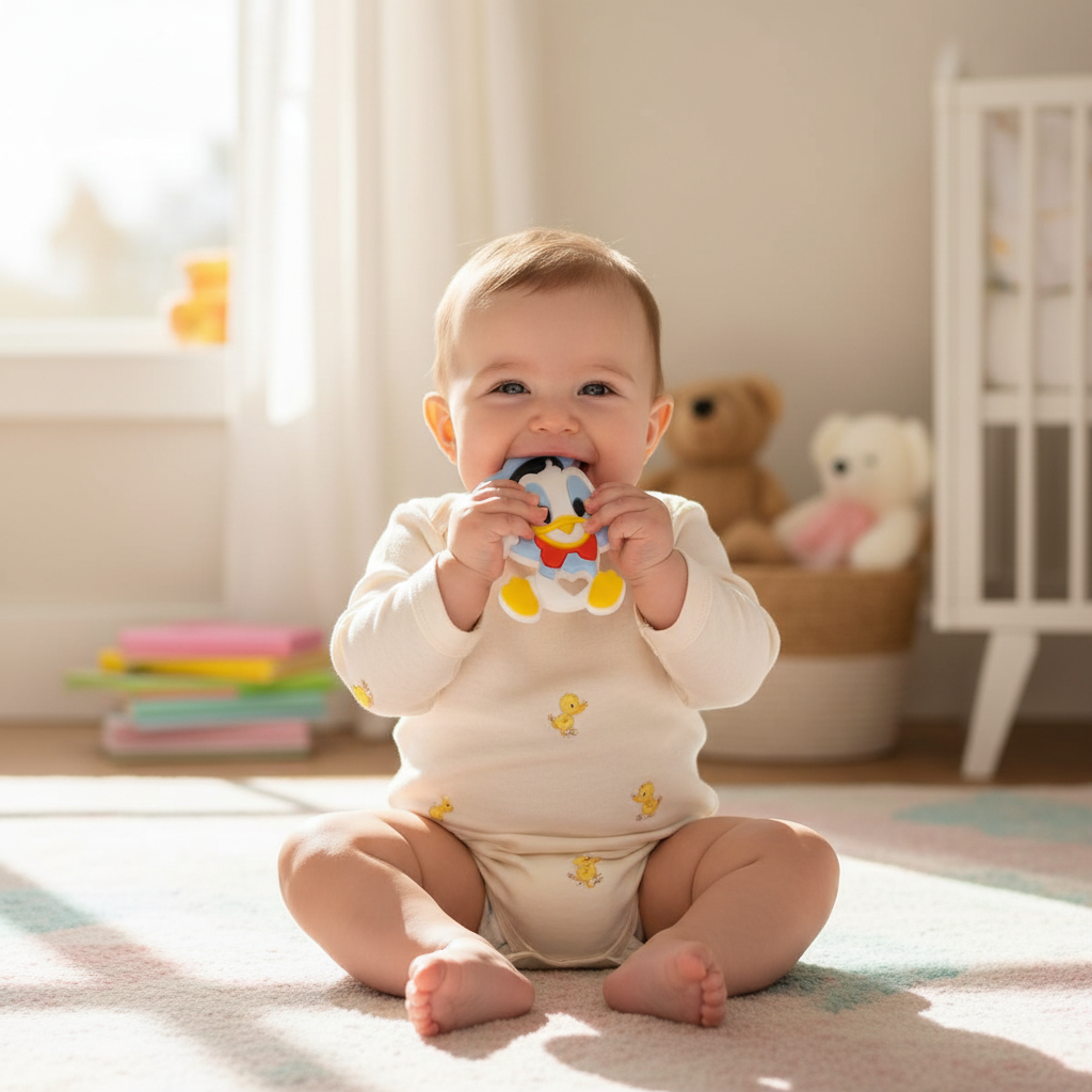 Bambino con massaggiagengive Paperino