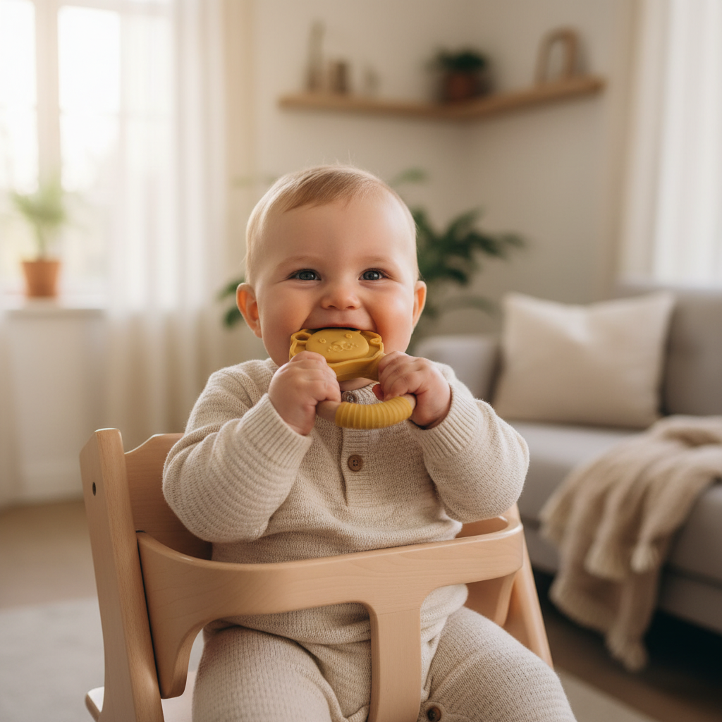 Bambino felice sul seggiolone con massaggiagengive leoncino
