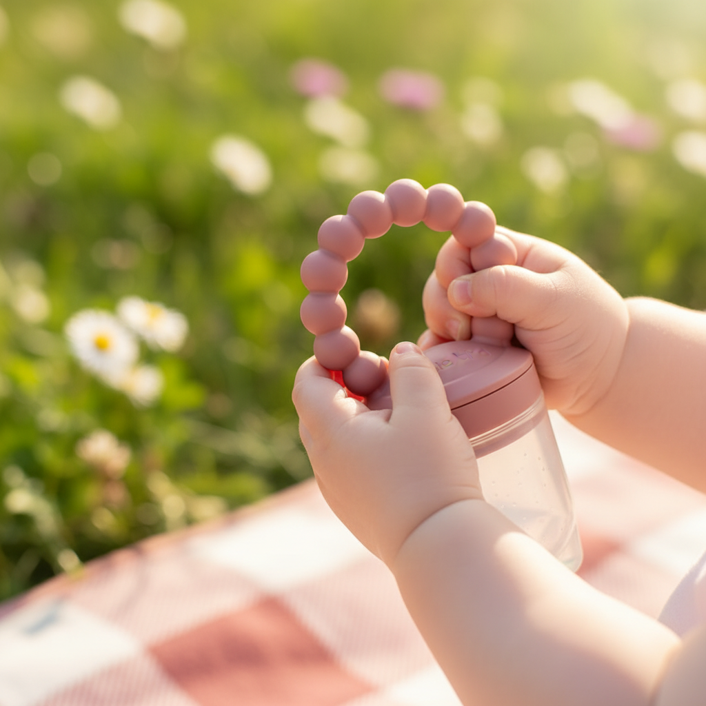 Dettaglio mani bambino con ciuccio frutta dark pink outdoor