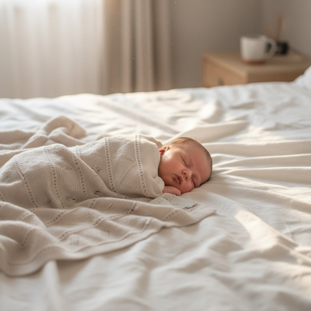 Neonato sul letto con copertina triangoli traforati beige - Little Bird