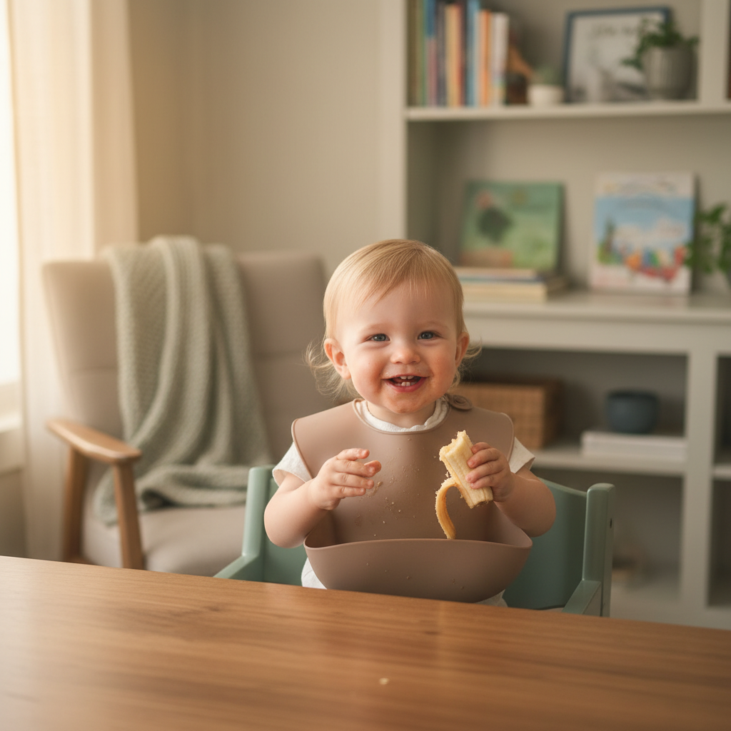 Bambino che indossa bavetta beige scuro - foto lifestyle
