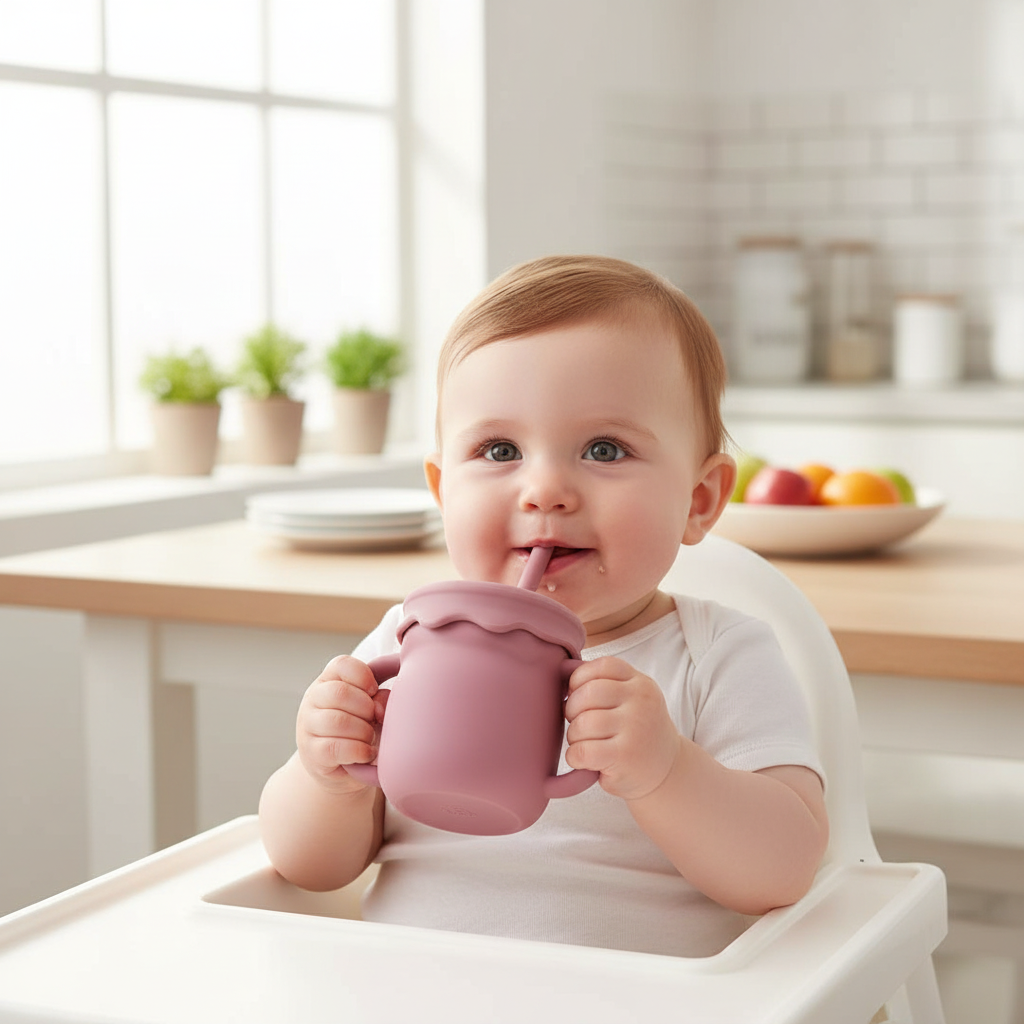 Bambino che beve dal bicchiere sippy dark pink