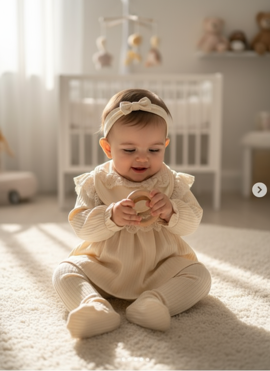 Set Completo Neonata Panna - Vestitino con Volant + Pantaloncini + Fascia + Calzini