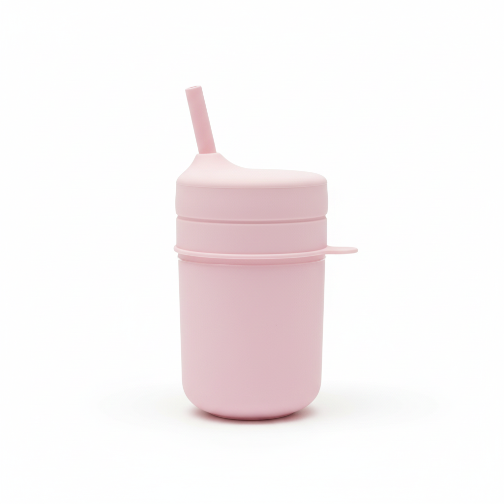 Bicchiere in silicone rosa con cannuccia su sfondo bianco