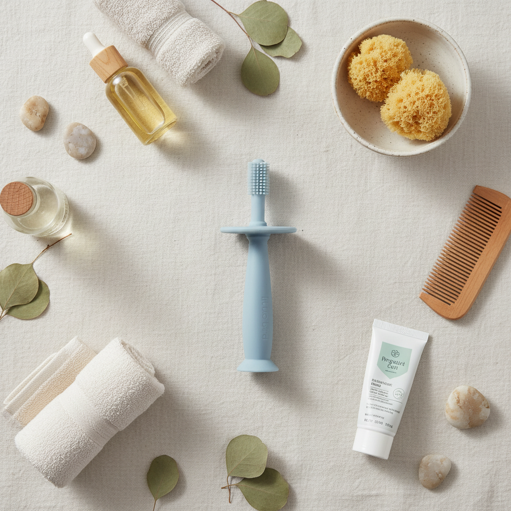 Flatlay spazzolino con accessori