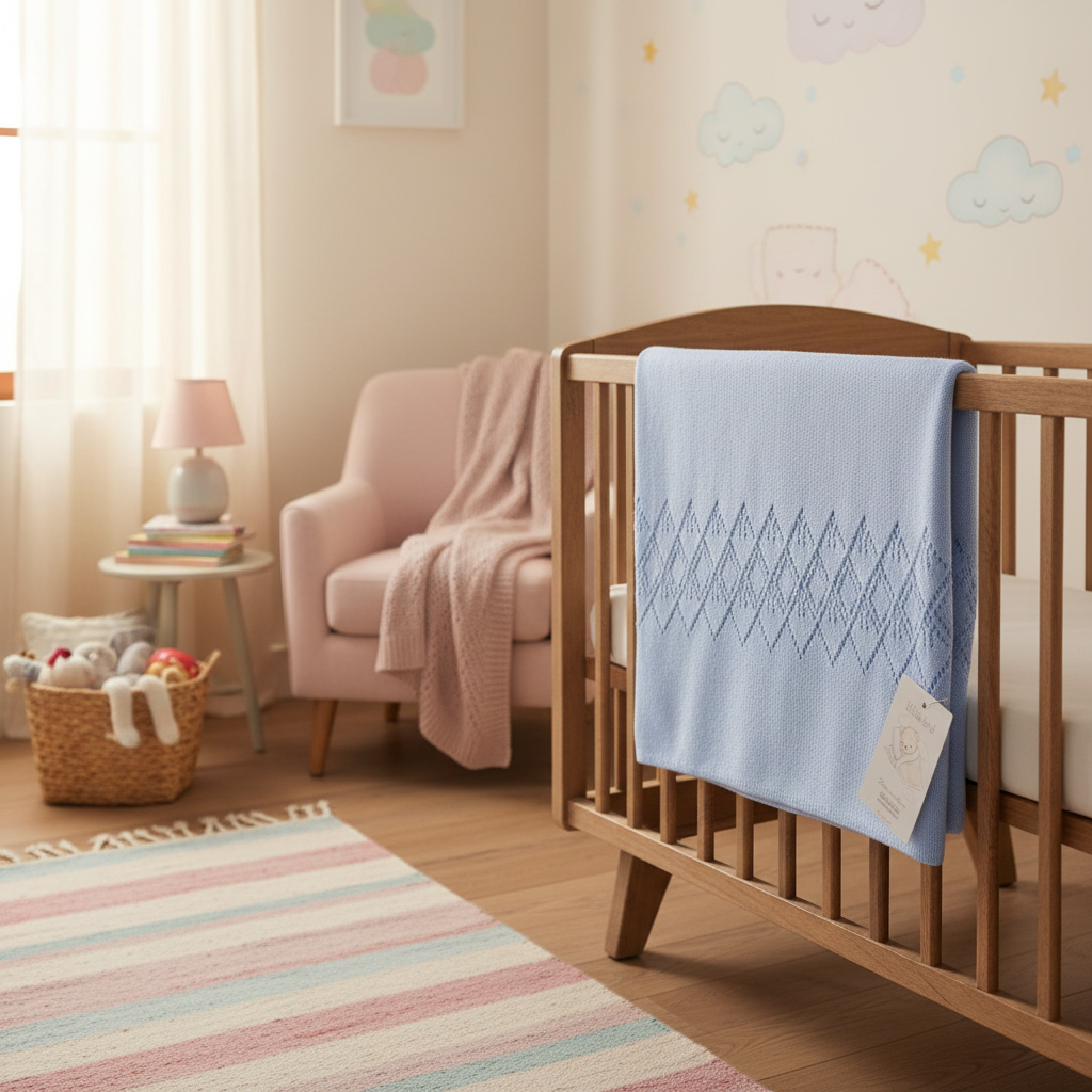 Copertina traforata geometrica celeste sulla culla - Little Bird
