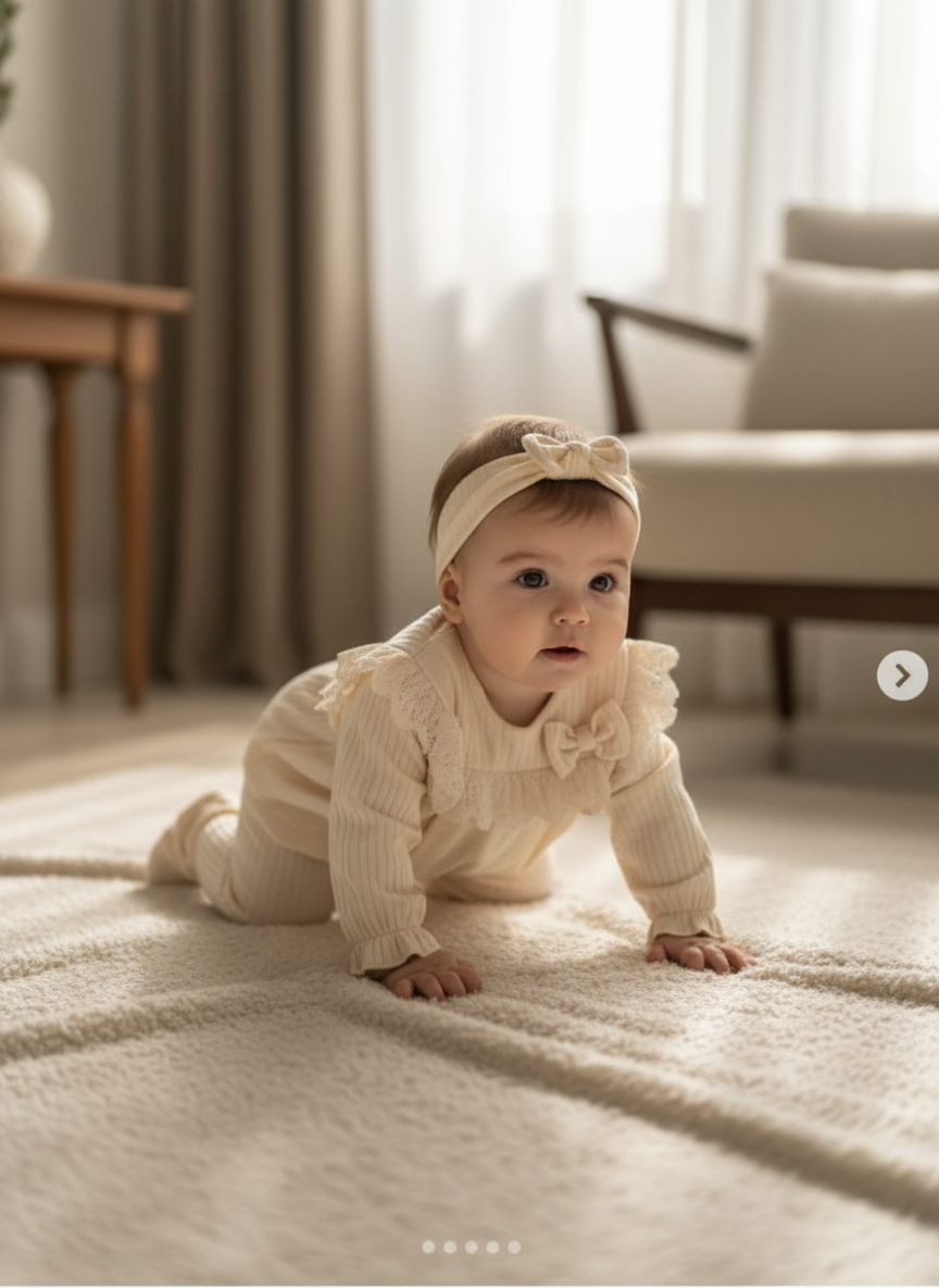 Set Completo Neonata Panna - Vestitino con Volant + Pantaloncini + Fascia + Calzini