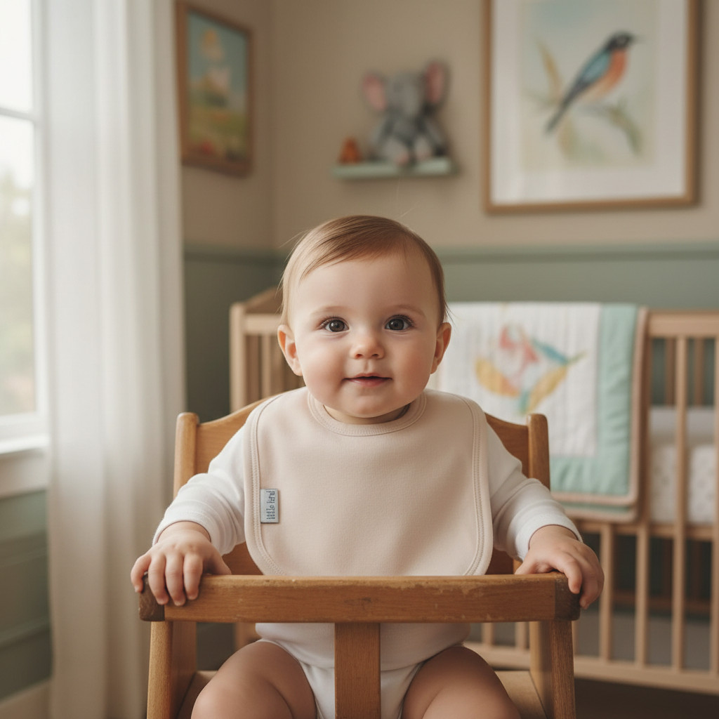 Bambino che indossa la bavetta beige Little Bird
