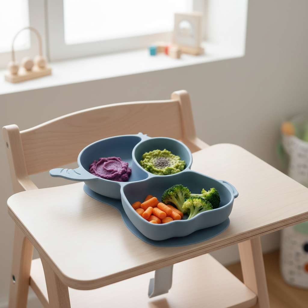 Piatto elefante dusty blu con cibo sano negli scomparti