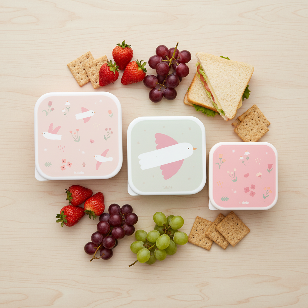 Lunch Box 3 in 1 Blossom Birds lifestyle - flat lay con snack colorati
