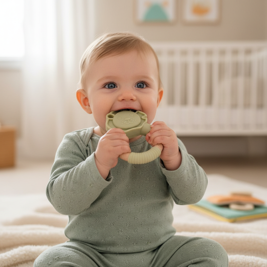 Bambino che tiene il massaggiagengive leoncino verde