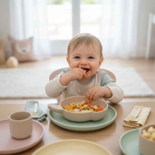 Bambino che mangia dalla ciotola elefante beige