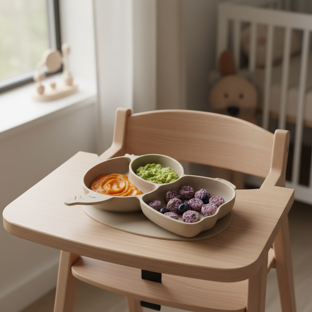 Piatto elefante beige con cibo sano negli scomparti