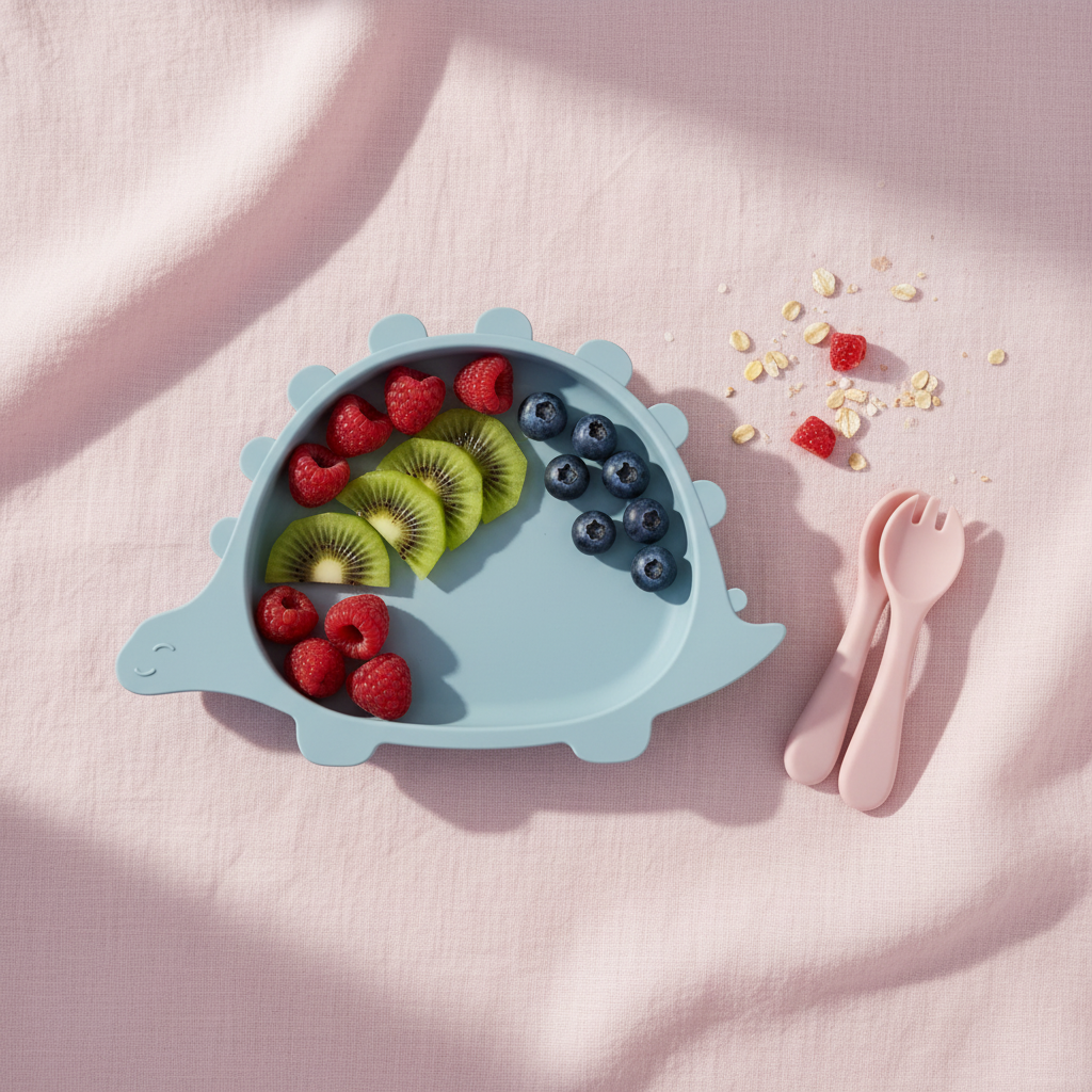 Flatlay piatto dinosauro con accessori