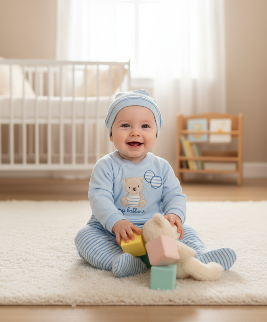 Tutina Neonato con Piedini Azzurra - Orsetto My Balloons + Cappelino