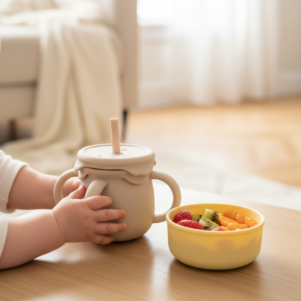 Dettaglio mani con bicchiere beige