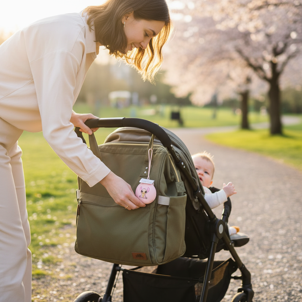 Portaciucci Stitch appeso alla borsa durante passeggiata